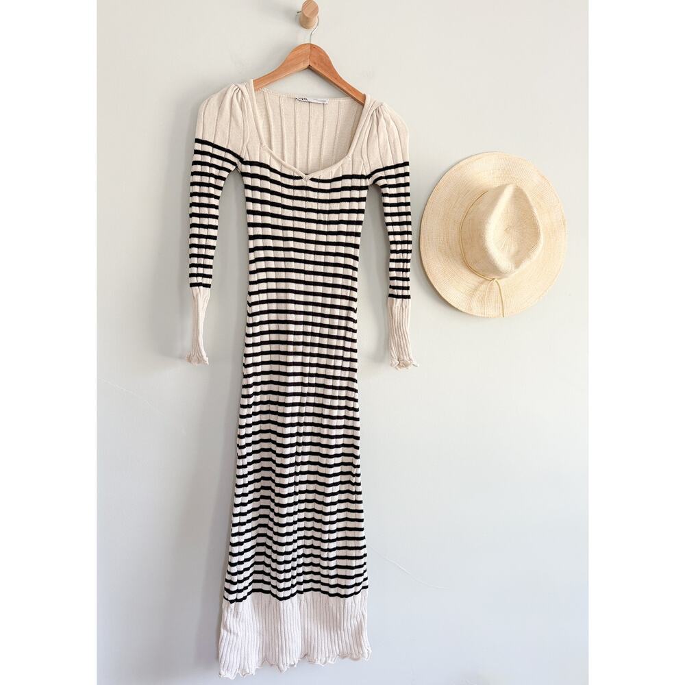 Zara | Striped Ribbed Knit Midi Dress Scalloped‎ Hem| Sz XS